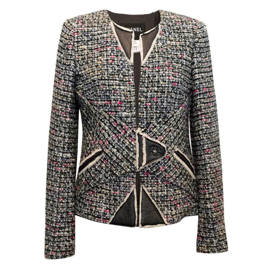 Chanel Multi Colour Tweed Jacket With Lamb Leather/Shearling Trims For Sale