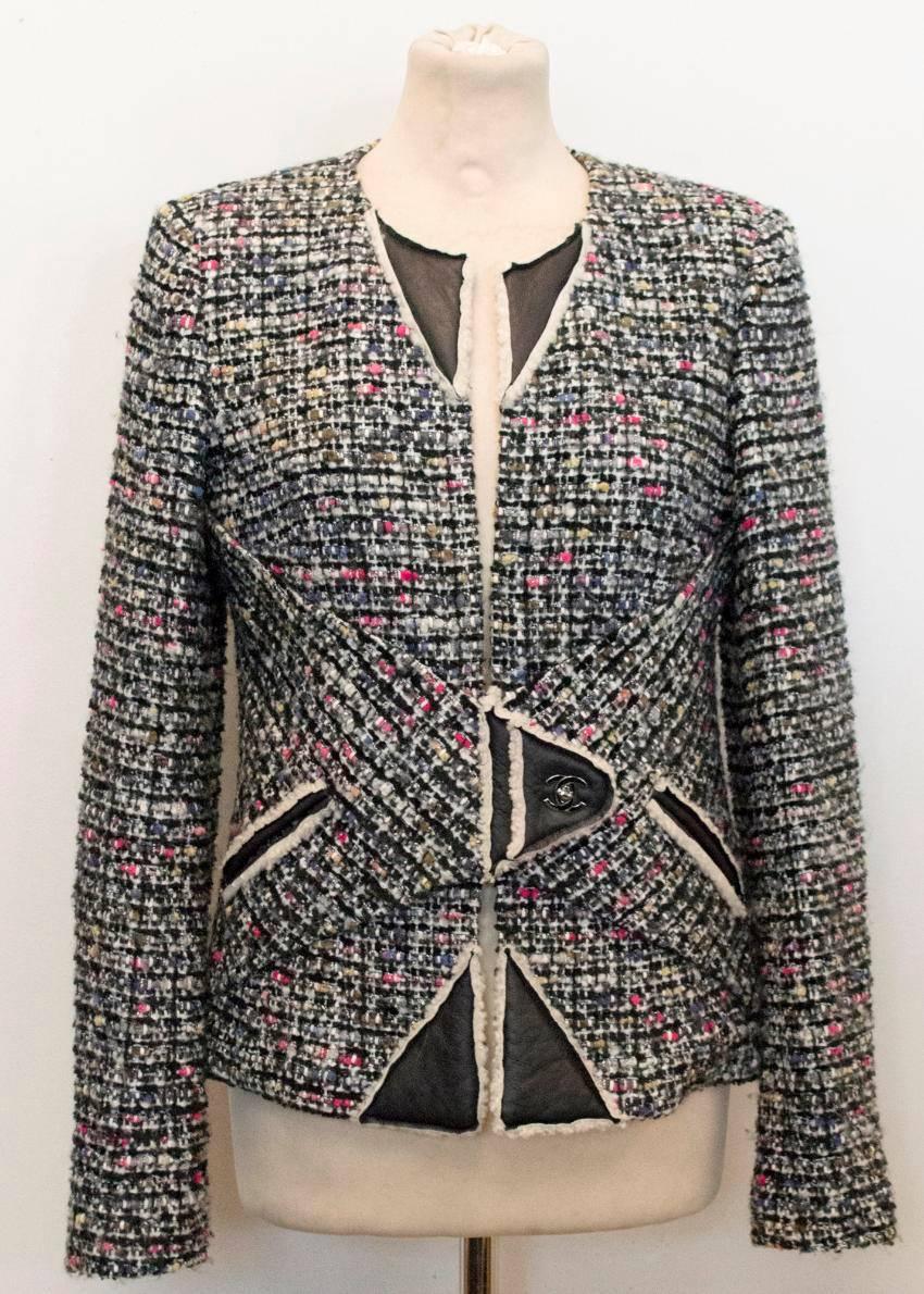 Chanel Multi Colour Tweed Jacket With Lamb Leather/Shearling Trims For Sale 1