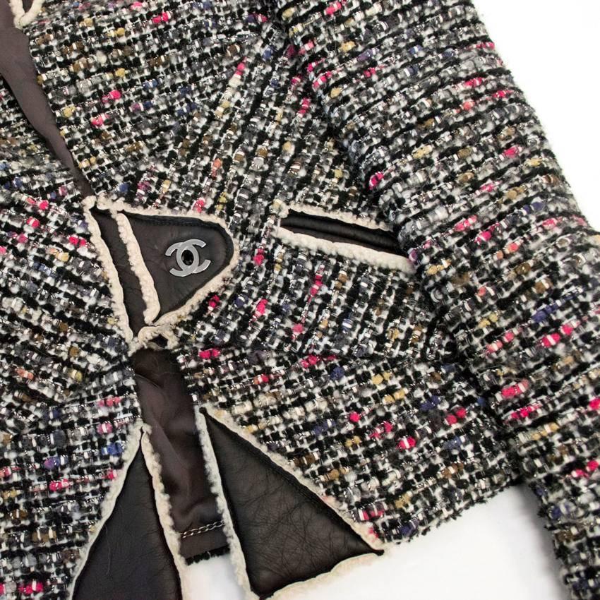 Chanel Multi Colour Tweed Jacket With Lamb Leather/Shearling Trims For Sale 6