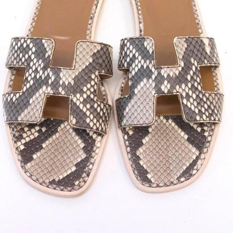 Hermes 'Oran' Grey Python Skin Sandals With Brown Leather Lining For ...