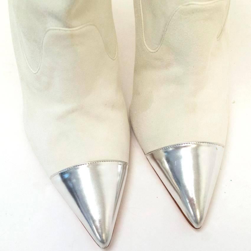 Manolo Blahnik Cream Pointed Sock Boots With Silver Toe In Excellent Condition For Sale In London, GB