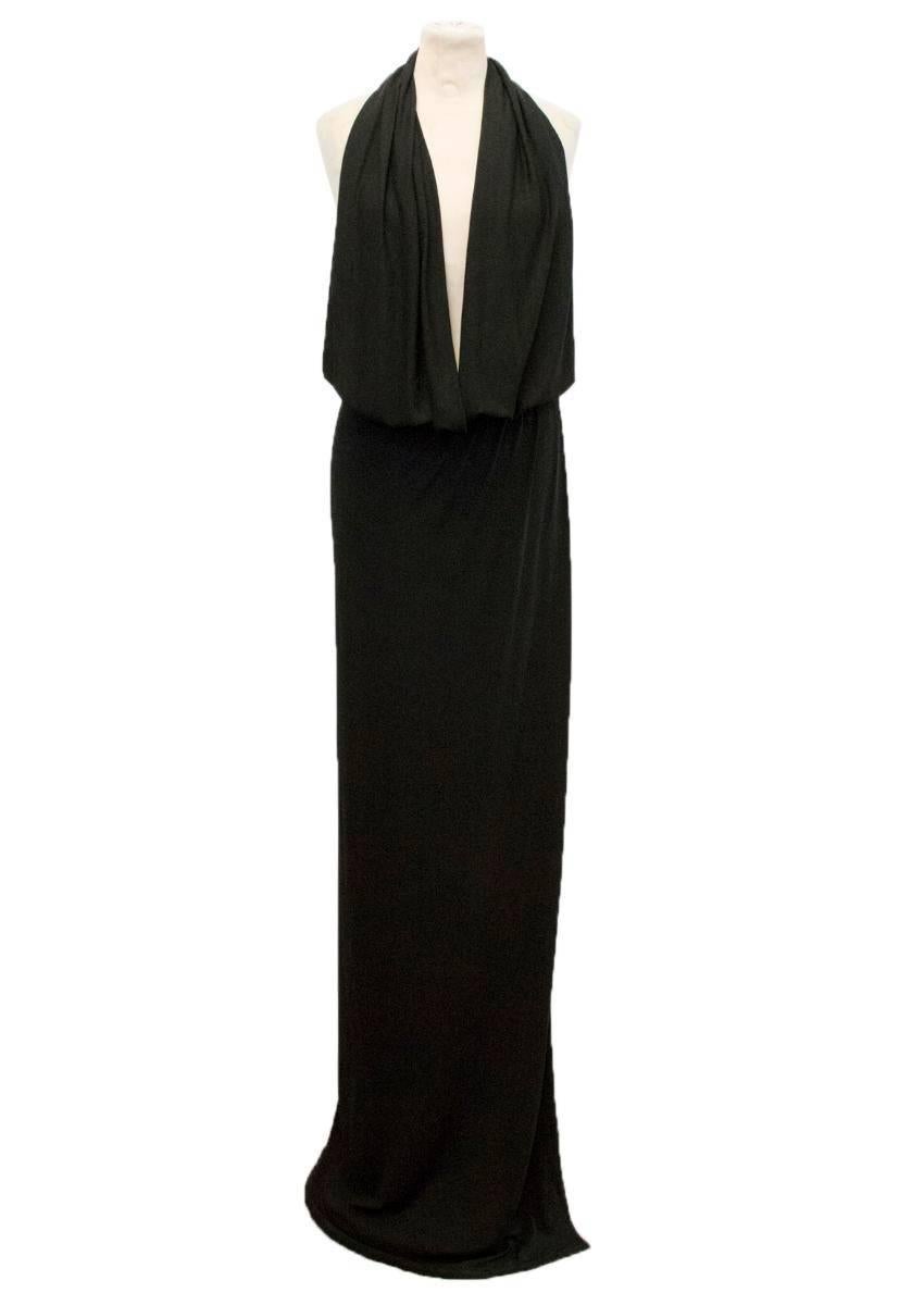 black plunge halter dress