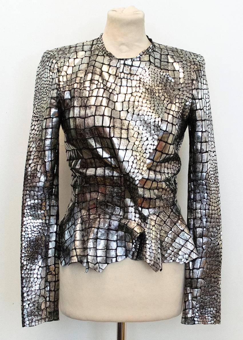 Current season leather jacket made by Isabel Marant in a metallic silver reptile print, two hook-eye clasps on the waist, made in France and dry clean only, condition 9.5/10.

Please kindly note there is one minor scratch to the back of the jacket