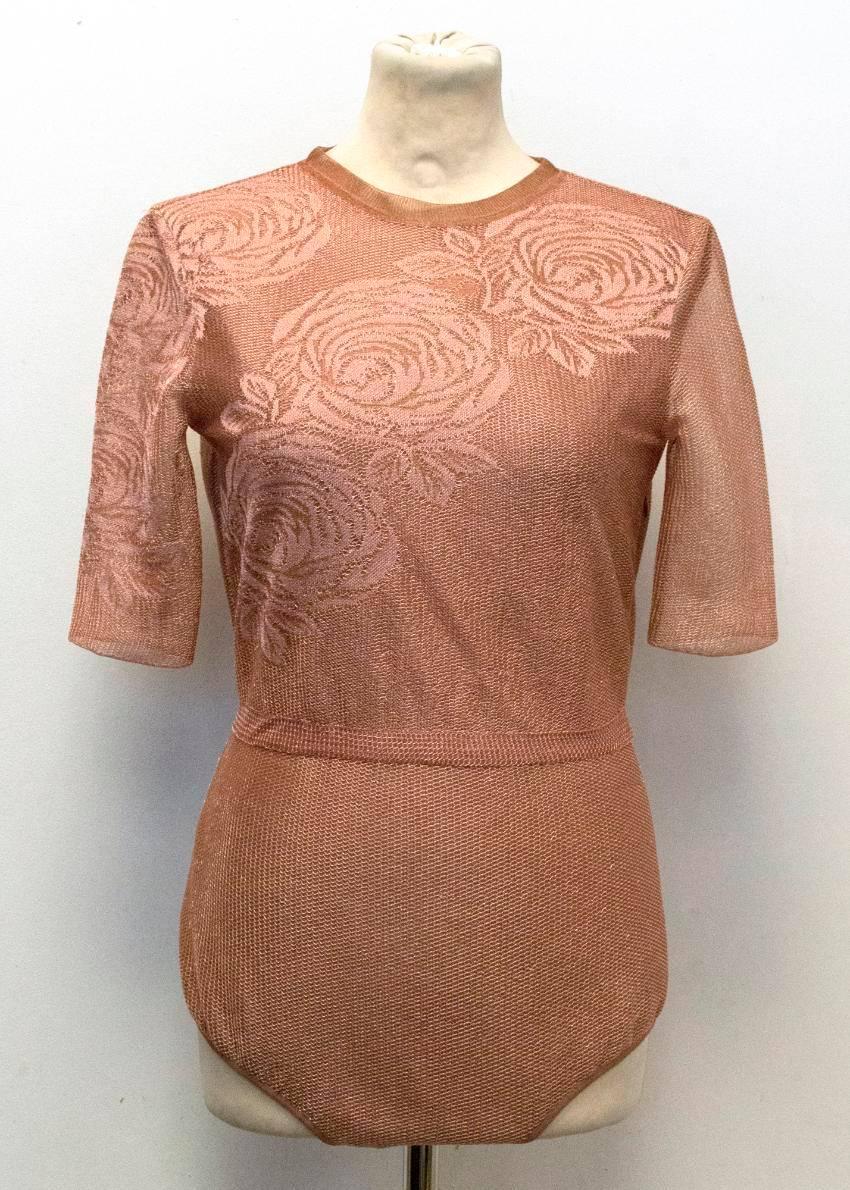Brown Vionnet Mesh Copper Bodysuit With Embroidered Roses For Sale
