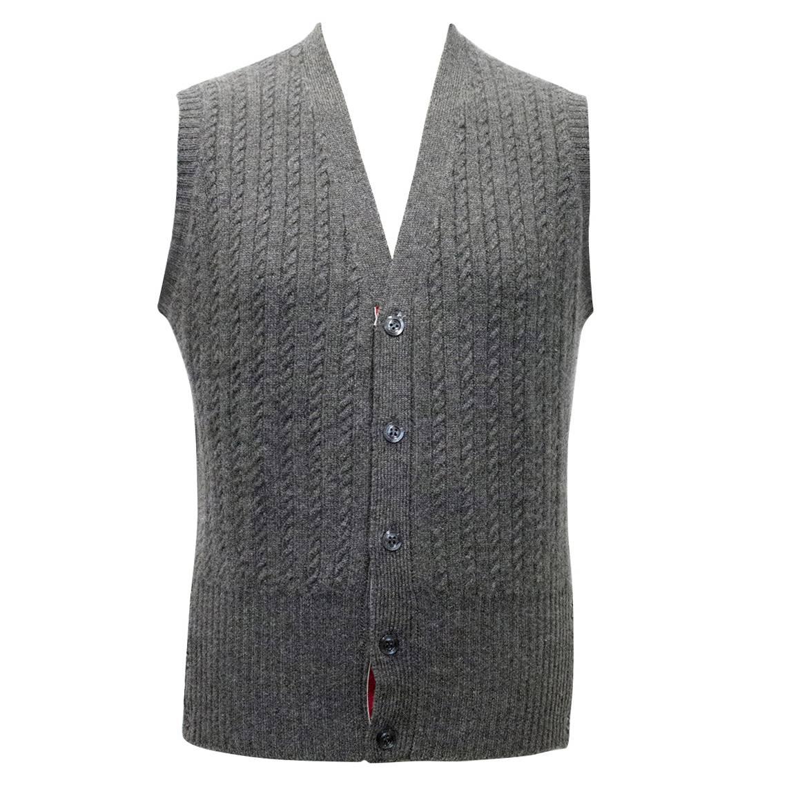 Thom Browne Grey Cable Knit Cashmere Vest For Sale