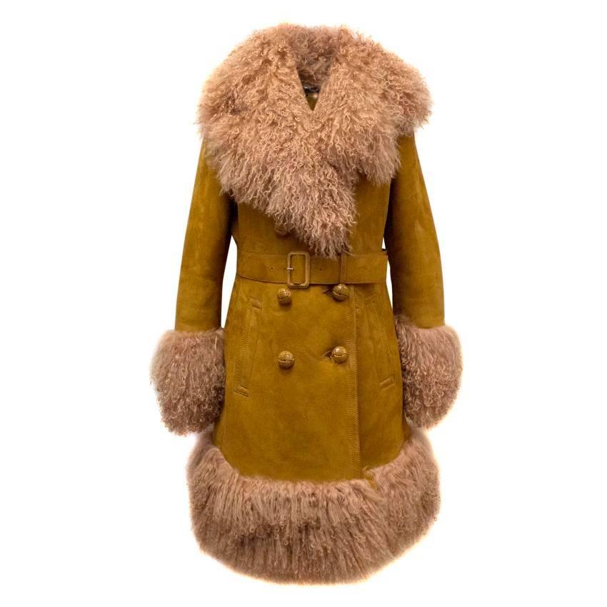 Gucci Tan Shearling And Suede Belted Coat For Sale