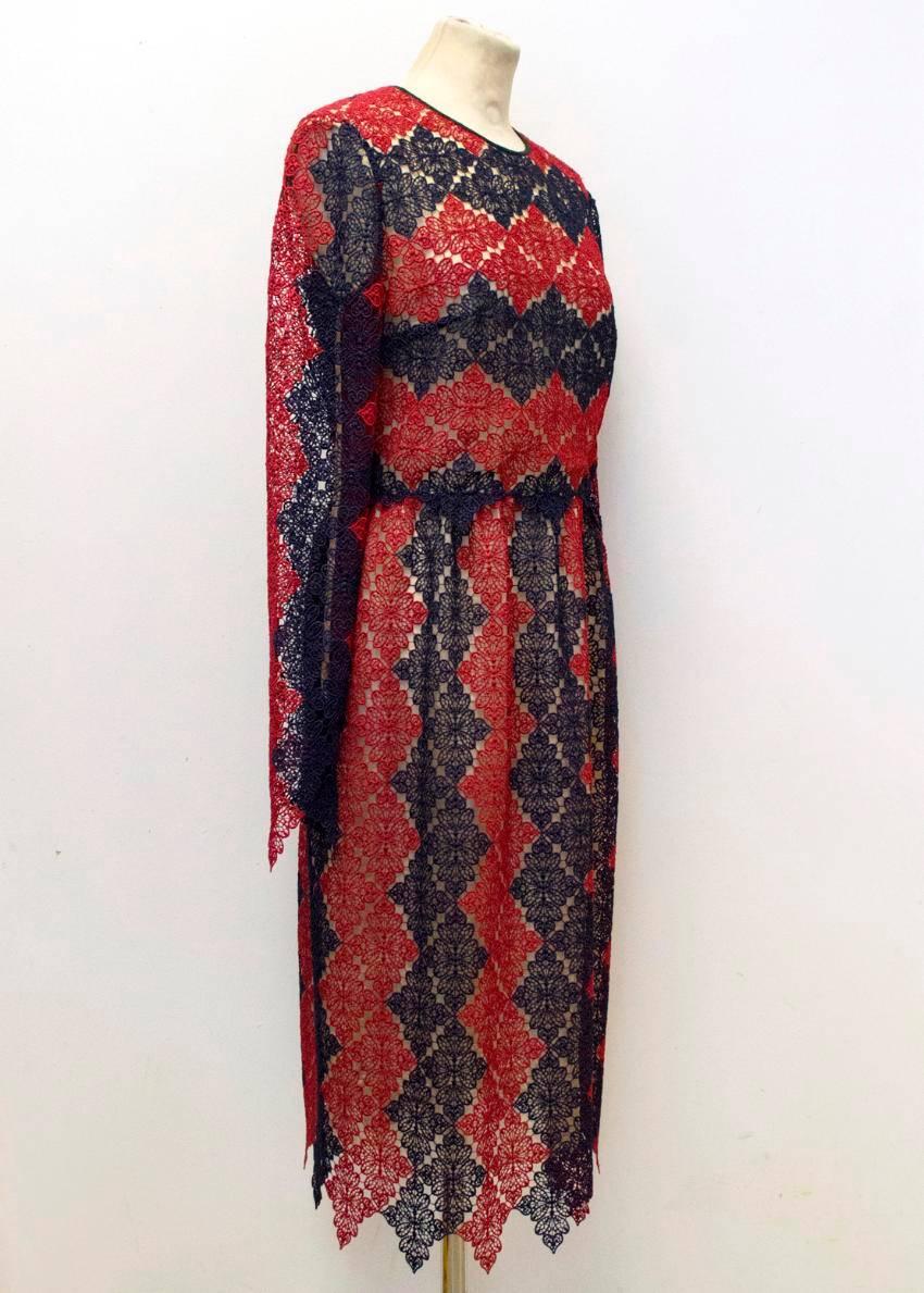 Brown Erdem Red And Navy Lace Midi Dress For Sale