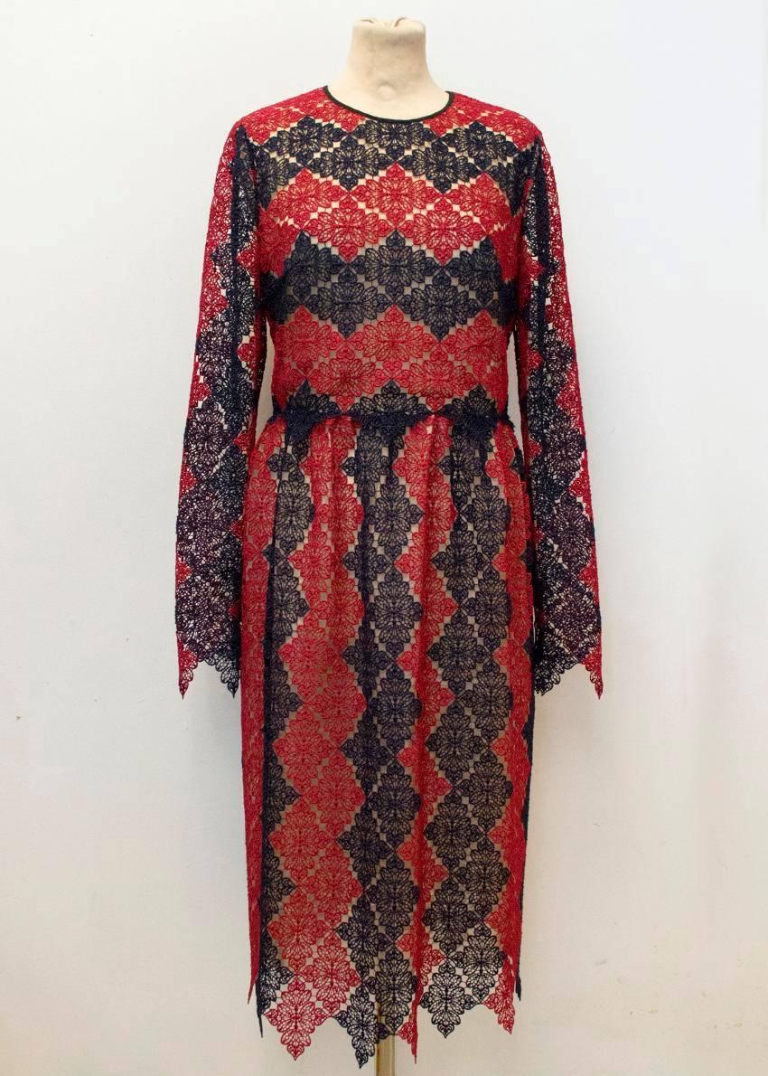Erdem red and navy patterned lace midi dress with long sleeves, featuring a high-neck, nude silk sheer lining and scalloped edges. The dress is lightweight, fitted to the waist with a flared skirt  and fastens at the back with a gold zipper. Size US