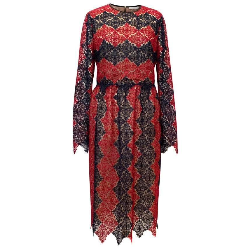 Erdem Red And Navy Lace Midi Dress For Sale