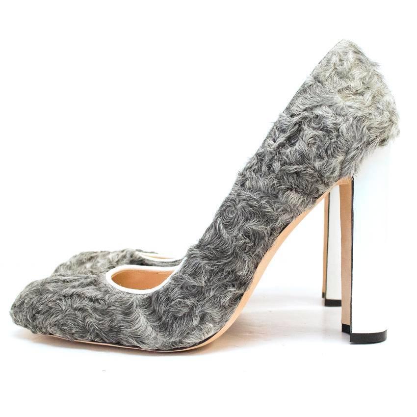 Gray Manolo Blahnik Shearling Grey Heels With Patent White Heel For Sale
