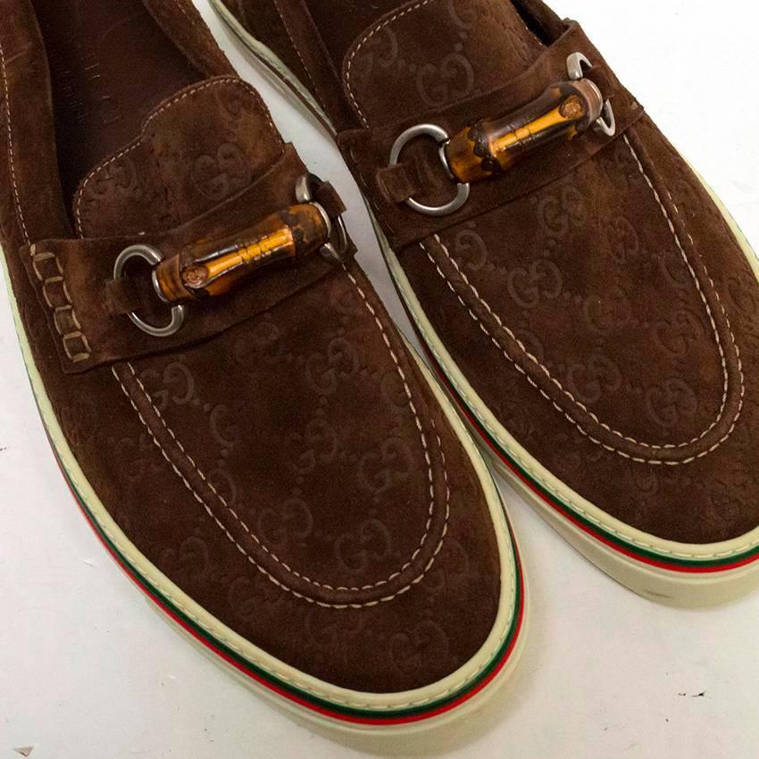  Gucci Brown Suede Monogram Loafers For Sale 1