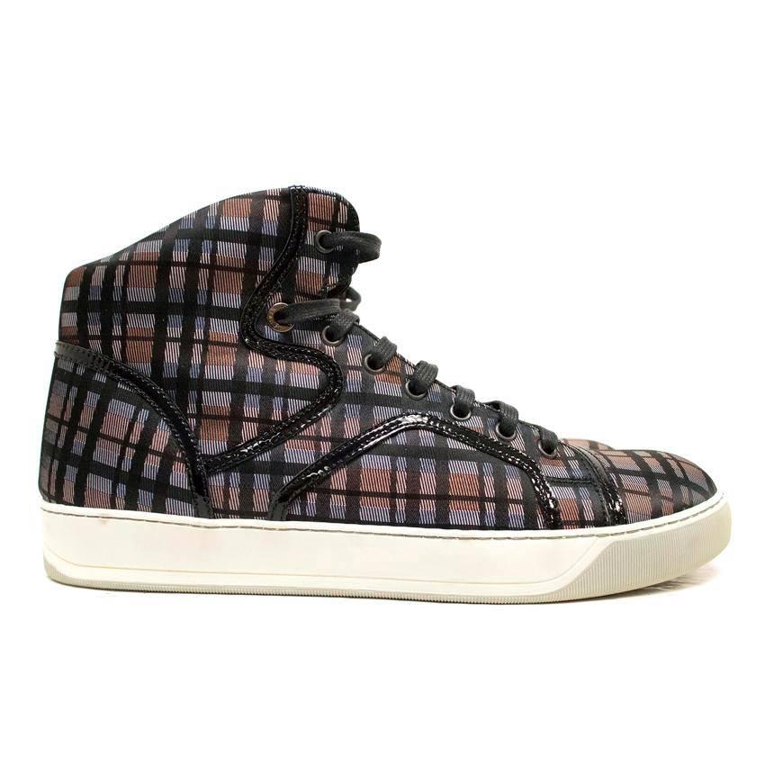 Lanvin checked high-top trainers in black, grey, brown and navy, with cream midsoles and black laces. UK size 9

Made in Italy. Never worn, however midsoles are slightly scuffed from storage, 9.5/10

Approximate measurements: 
Length: