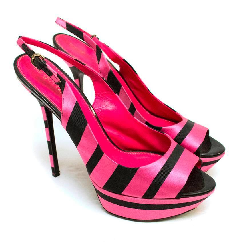 Sergio Rossi Pink & Black Striped Satin Peeptoe Heels. Beautifully made with pink and black satin material.
Good condition, sole slightly worn out however this is not visible when worn, 9/10
This item belongs to Caroline Stanbury from 