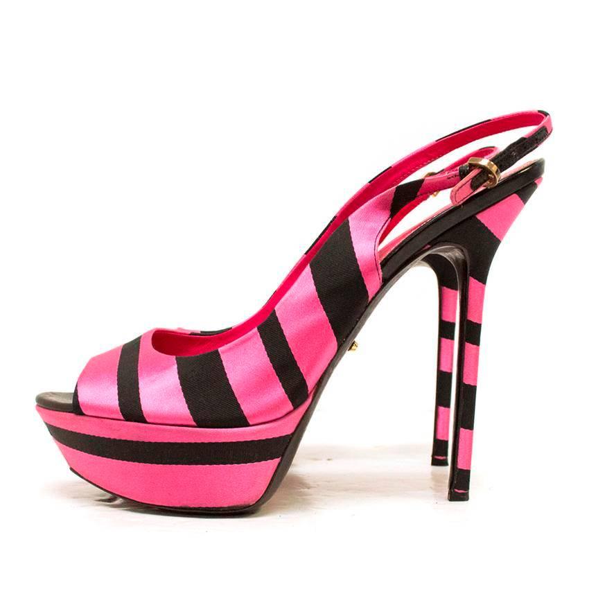 Women's  Sergio Rossi Pink & Black Striped Satin Peeptoe Heels For Sale