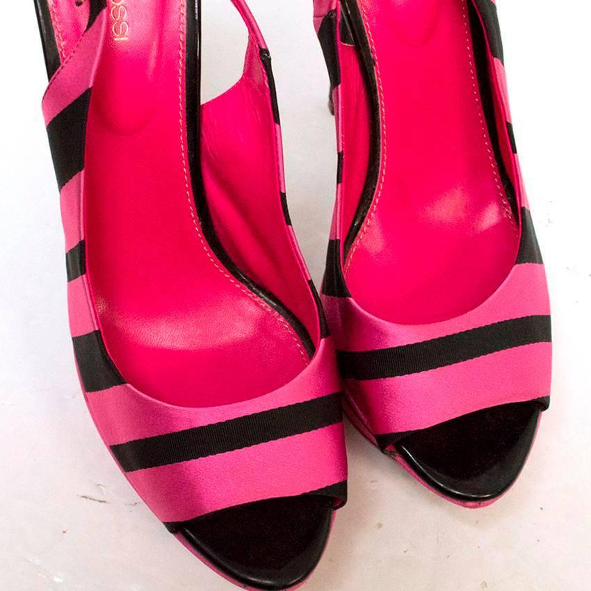  Sergio Rossi Pink & Black Striped Satin Peeptoe Heels For Sale 1