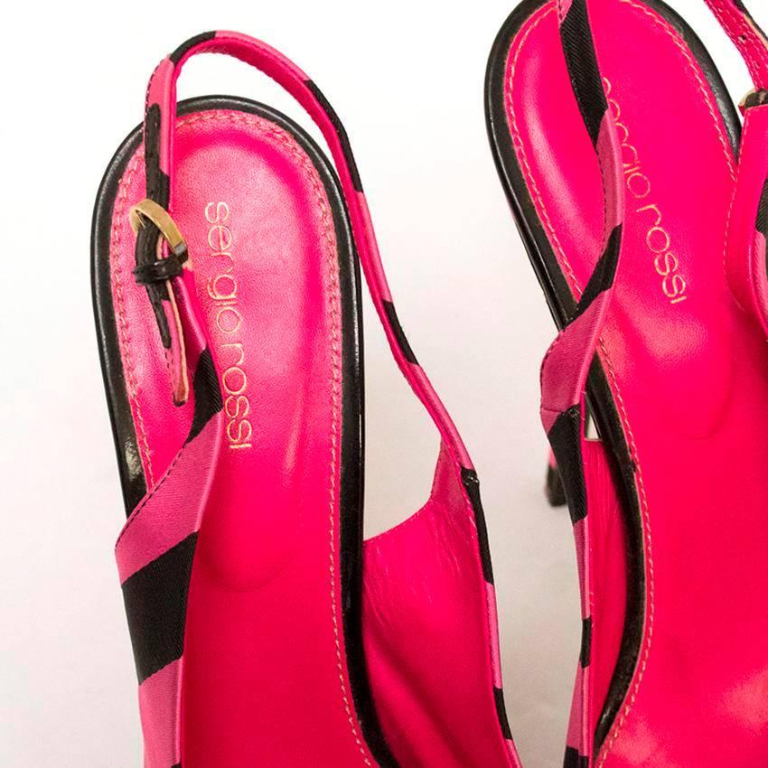  Sergio Rossi Pink & Black Striped Satin Peeptoe Heels For Sale 2