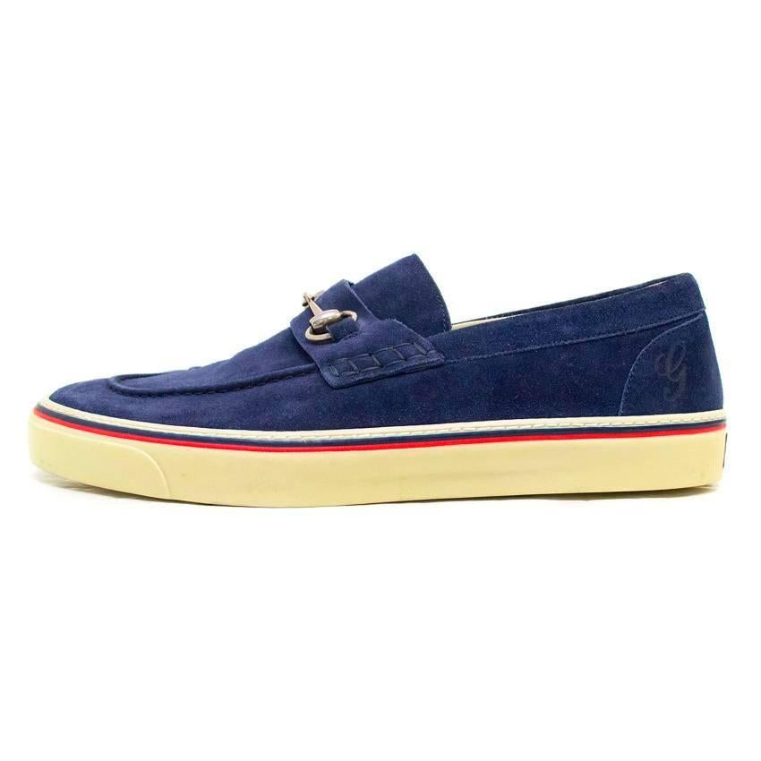 Men's  Gucci Navy Suede Loafers with Silver Buckle For Sale