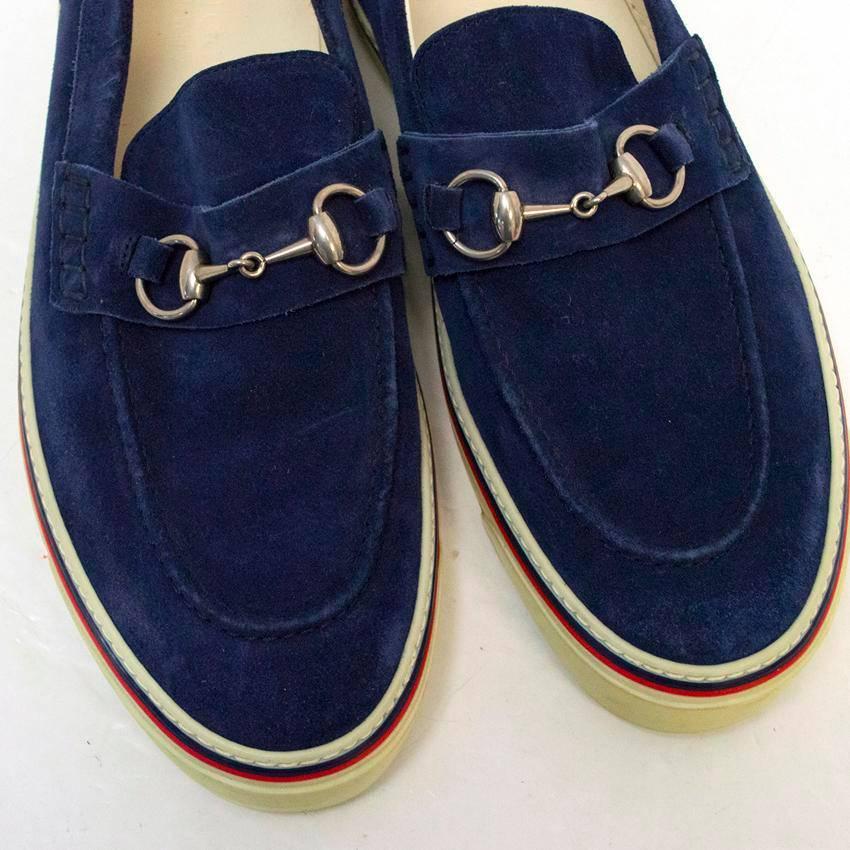  Gucci Navy Suede Loafers with Silver Buckle For Sale 2