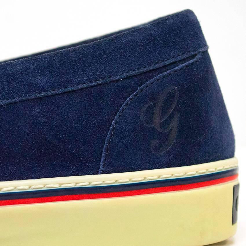  Gucci Navy Suede Loafers with Silver Buckle For Sale 1