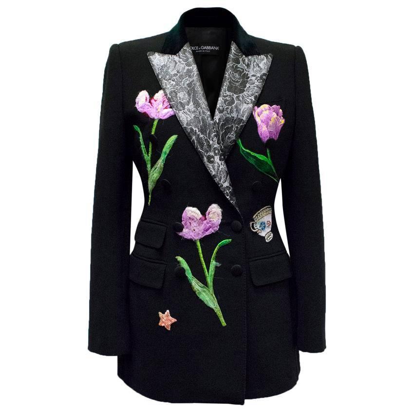 Dolce & Gabbana Black Wool Long Blazer with Embroidery For Sale