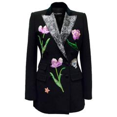 Dolce & Gabbana Black Wool Long Blazer with Embroidery