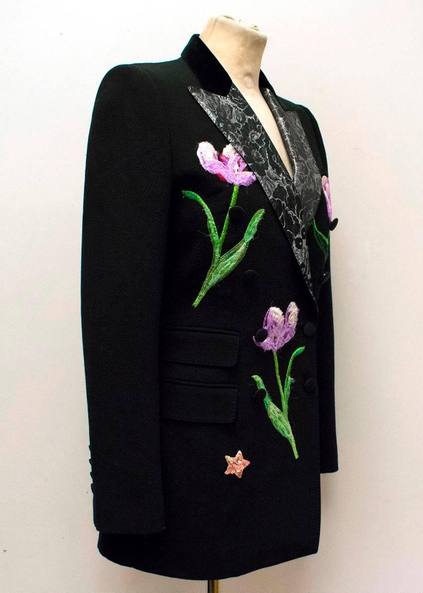 Women's Dolce & Gabbana Black Wool Long Blazer with Embroidery For Sale