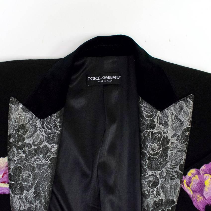 Dolce & Gabbana Black Wool Long Blazer with Embroidery In Excellent Condition For Sale In London, GB