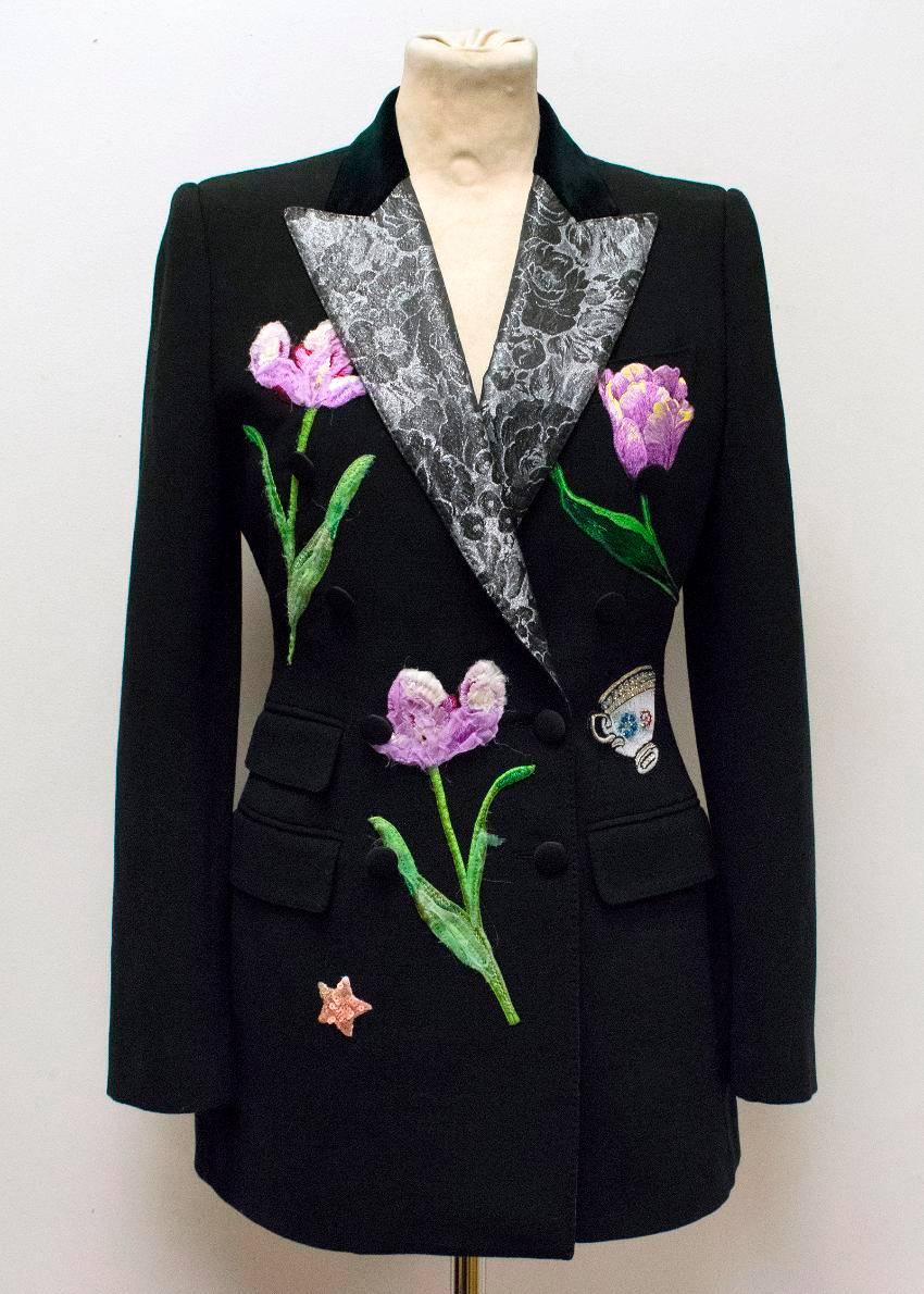 Dolce & Gabbana Black Wool Long Blazer with Embroidery For Sale 2