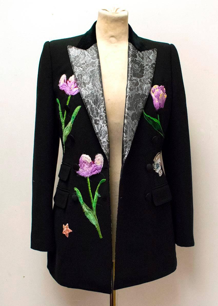 Dolce & Gabbana Black Wool Long Blazer with Embroidery For Sale 1