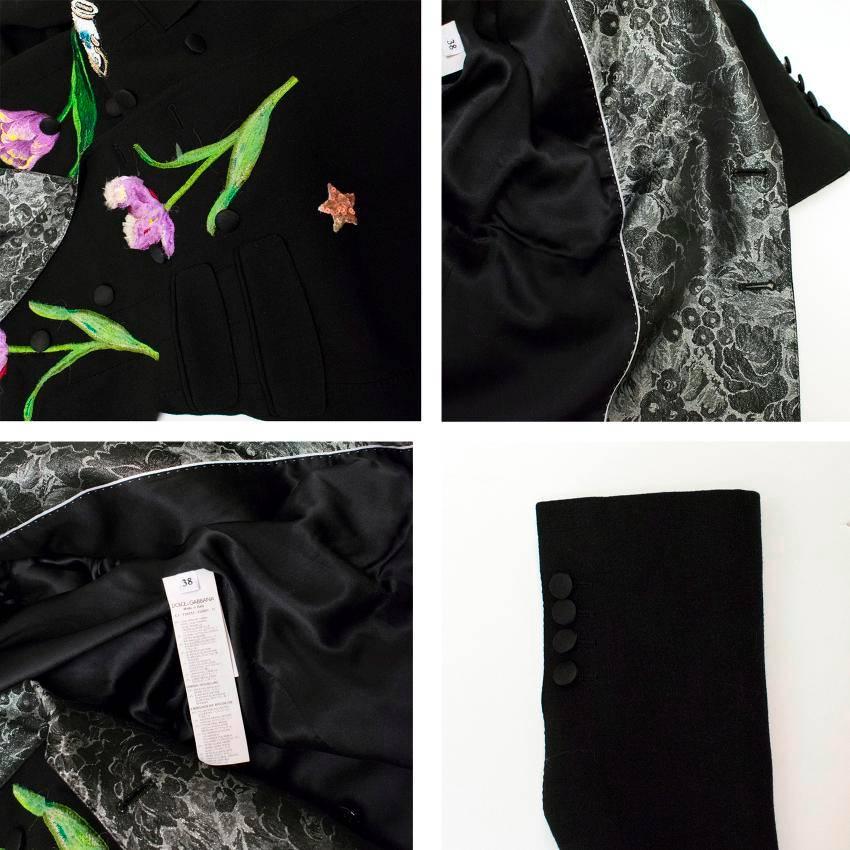 Dolce & Gabbana Black Wool Long Blazer with Embroidery For Sale 4