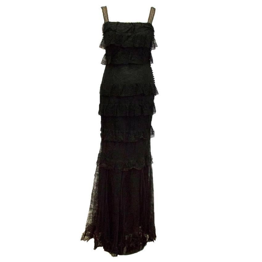 Christian Dior Black Lace Frill Maxi Dress  For Sale