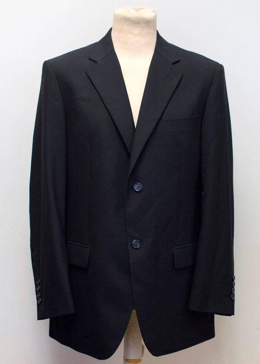 Balmain men's black two piece pinstripe pant suit.
Blazer:
- Crafted with 100% wool
- Standard notch lapel
- Single breast design
- Four button cuff 
Trousers:
- Crafted with 100% wool
- Straight fit 
- Zipper and button