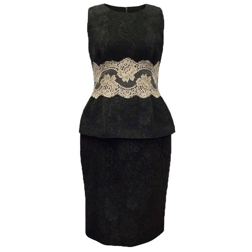 Dolce & Gabbana Black Embroidered Cotton Dress with Lace Detail For Sale