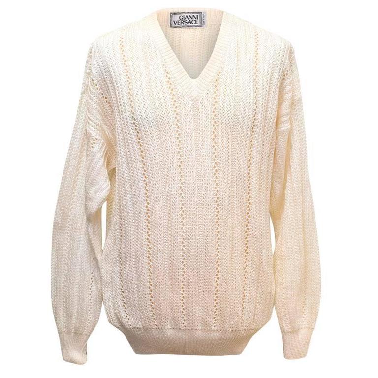 Gianni Versace Cream Shiny Knitted Mens Jumper For Sale at 1stDibs