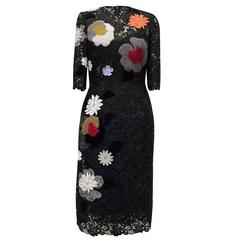 Fendi Black Lace Dress With Fur and Lace Flowers 