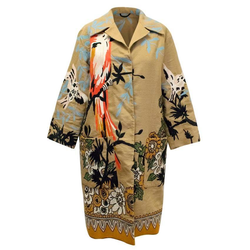 Etro Camel Brown Floral Embroidered Long Coat For Sale
