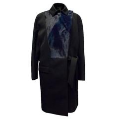 Salvatore Ferragamo Black Long Coat with Navy Lambs Fur 11
