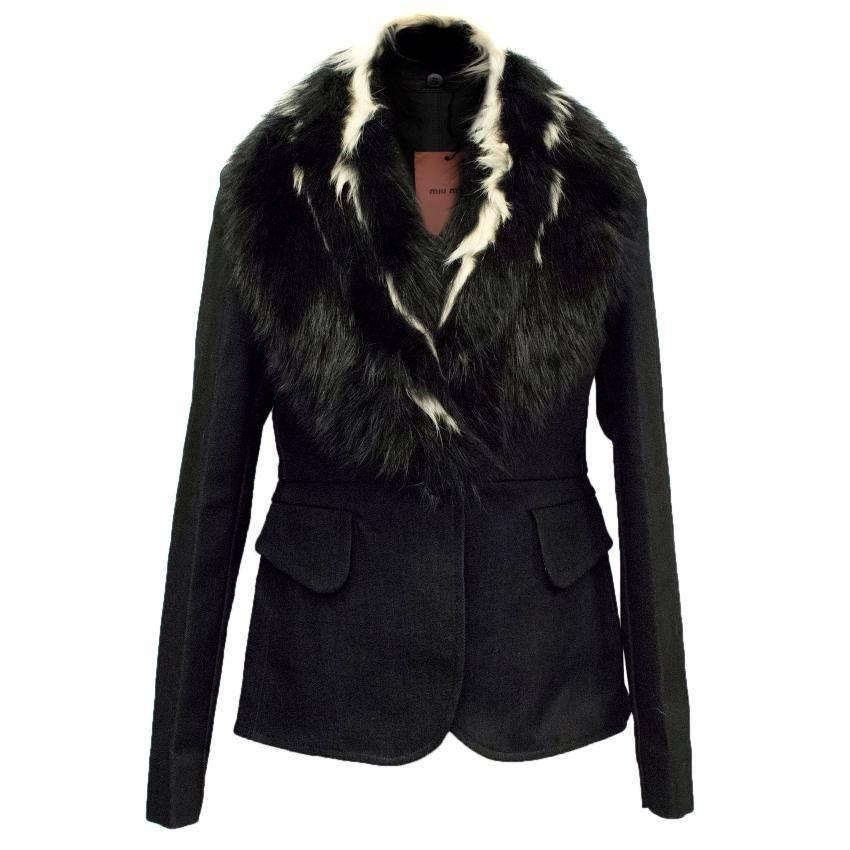 Miu Miu Grey Denim Blazer with Raccoon & Kangaroo Fur Collar For Sale