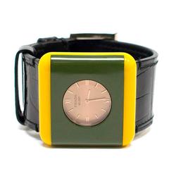Prada Green & Yellow Watch Bracelet with Black Leather Strap
