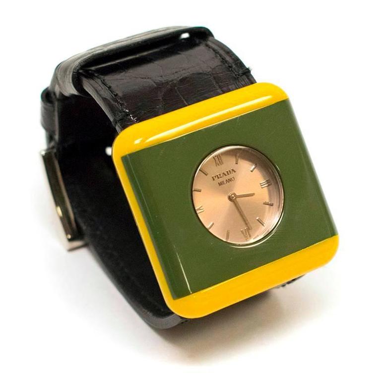 Prada Green and Yellow Watch Bracelet with Black Leather Strap at