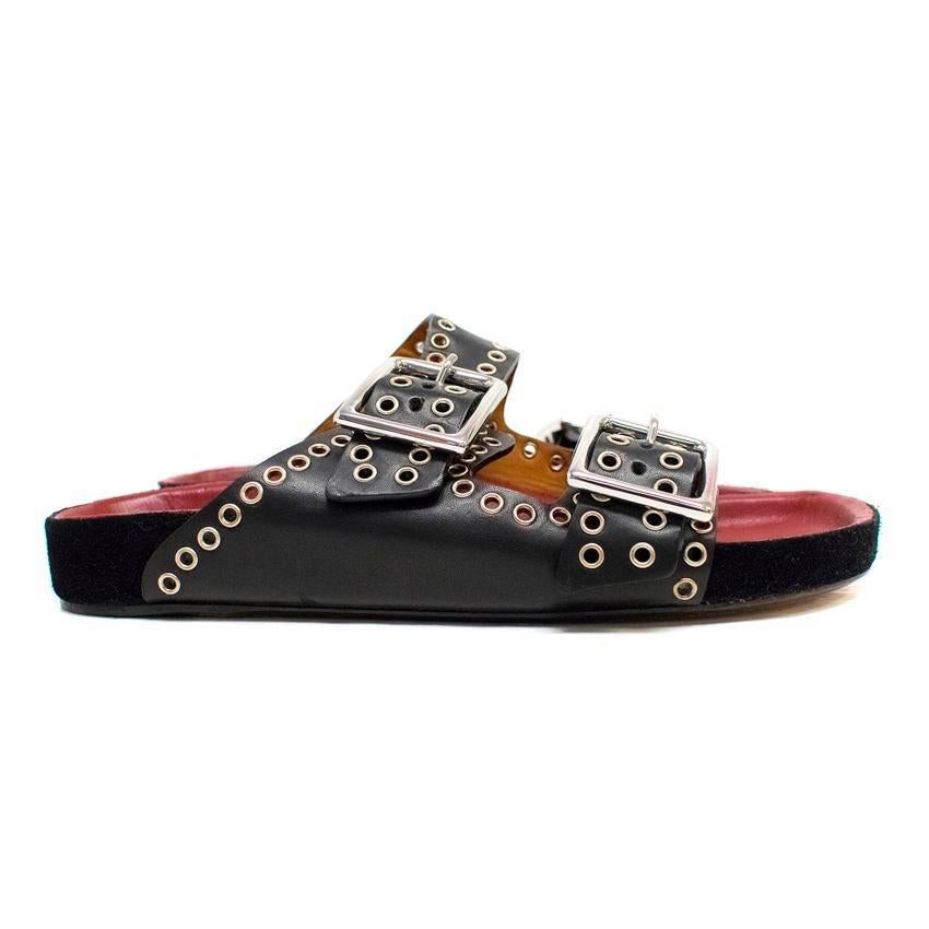 Isabel Marant black leather 'Lenny' sandals. They feature double straps with silver hardware eyelet detailing, silver hardware buckles, black suede midsoles and burgundy leather insole lining. size 36 / US 6

Made in Portugal. Condition 10/10.