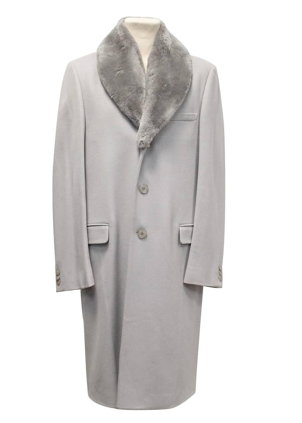 Gianni Versace grey coat with detachable Castorino fur collar. Relaxed fit, medium weight and fully lined with two flap pockets, two button closure and a single vent. EU 48/ M

Please note, small scuff to material on right sleeve. 
Two very tiny