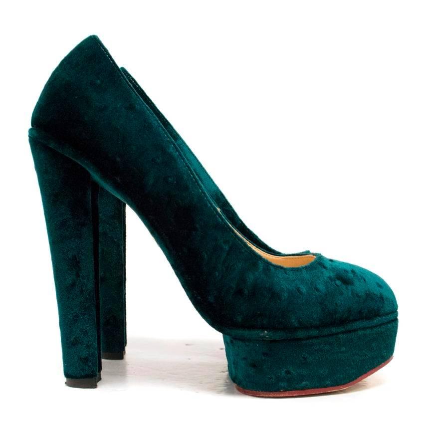 Charlotte Olympia 'The Dolly' bottle green textured velvet platform heels with velvet soles and gold spiderweb detail.

Signs of very light wear to inner and outer soles, not visible when worn (please see images 6 and 7).

Condition: