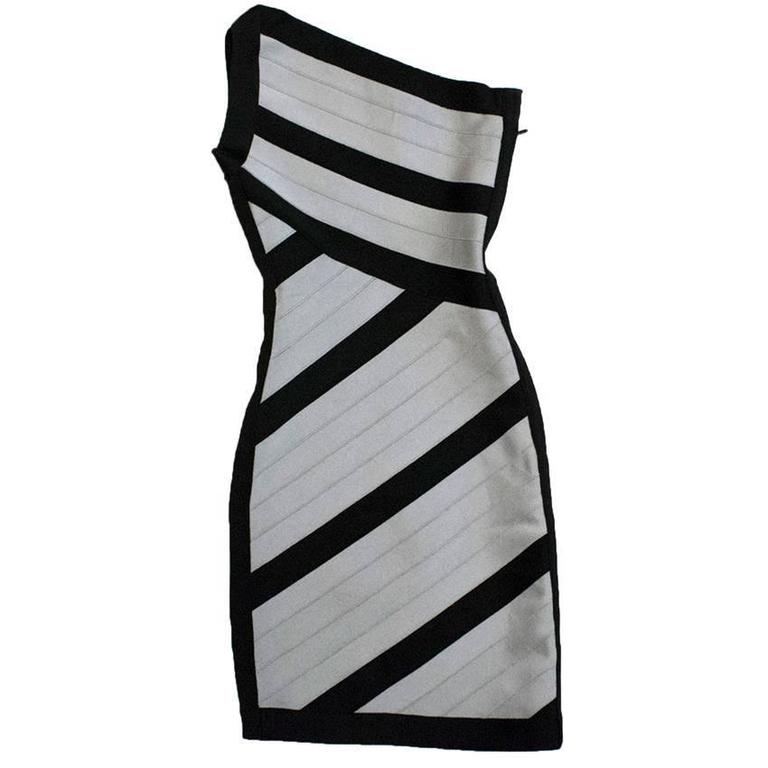Herve Leger Black and Grey One Shoulder Body-Con Dress For Sale at 1stDibs  | grey one shoulder dress