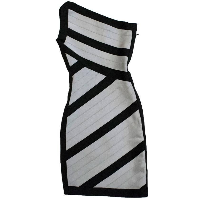 Herve Leger Black and Grey One Shoulder Body-Con Dress For Sale