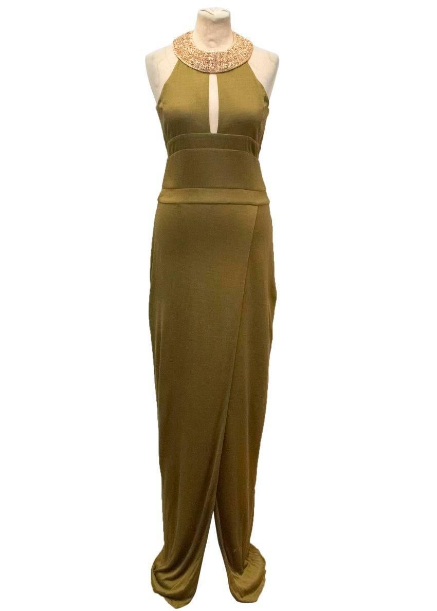 Balmain Khaki Fitted Gown with Gold Embellished Neckline In New Condition For Sale In London, GB
