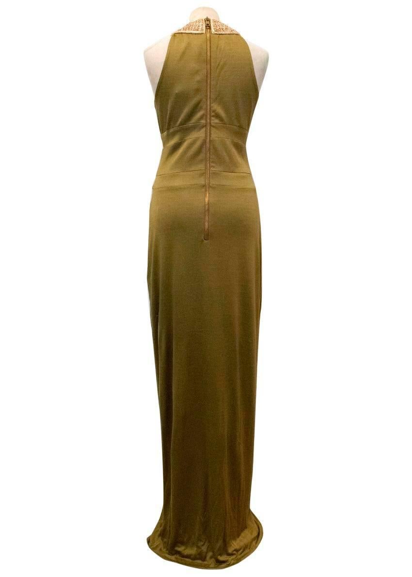 Brown Balmain Khaki Fitted Gown with Gold Embellished Neckline For Sale