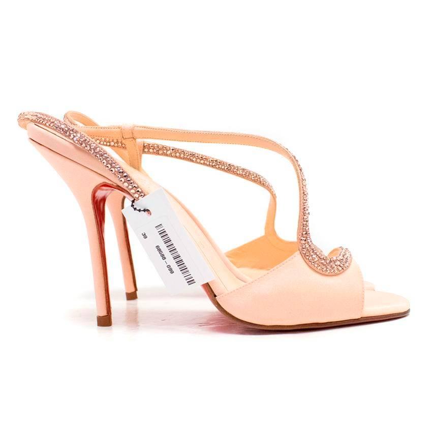 Christian Louboutin strappy open-toed, nude 'Alter Perla' sling back high heels with rhinestones. 

Made in Italy.

Approx measurements: 
Length 25.5 
Cm Heel 10 
Cm Width 8 Cm

US size 9 and UK size 6
