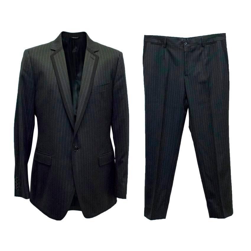 Dolce & Gabbana Black Wool and Silk Blend Pinstripe Suit For Sale 6