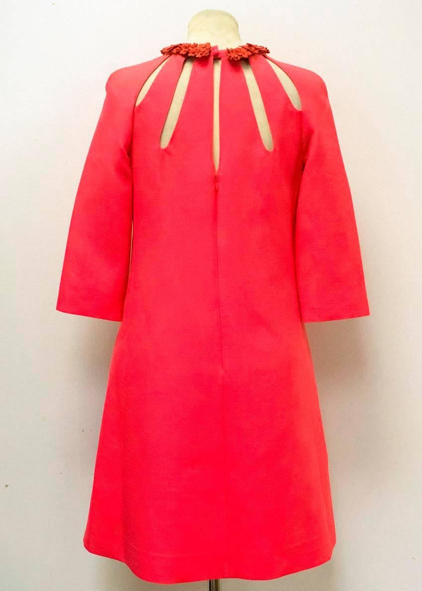 Valentino Pink Floral Leather Collar Wool and Silk A-line Dress In New Condition For Sale In London, GB